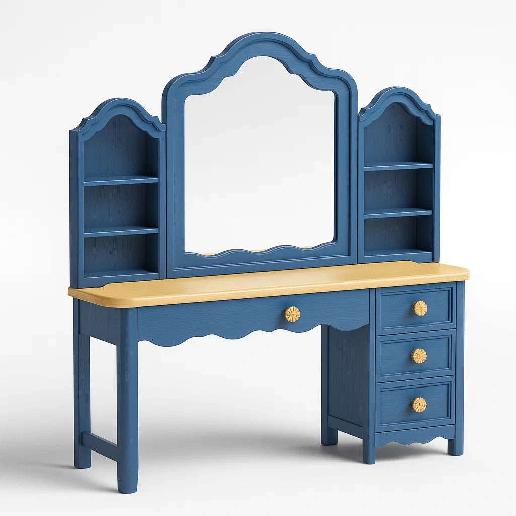Blauer Holz-Kosmetiktisch mit Spiegel und Regalen