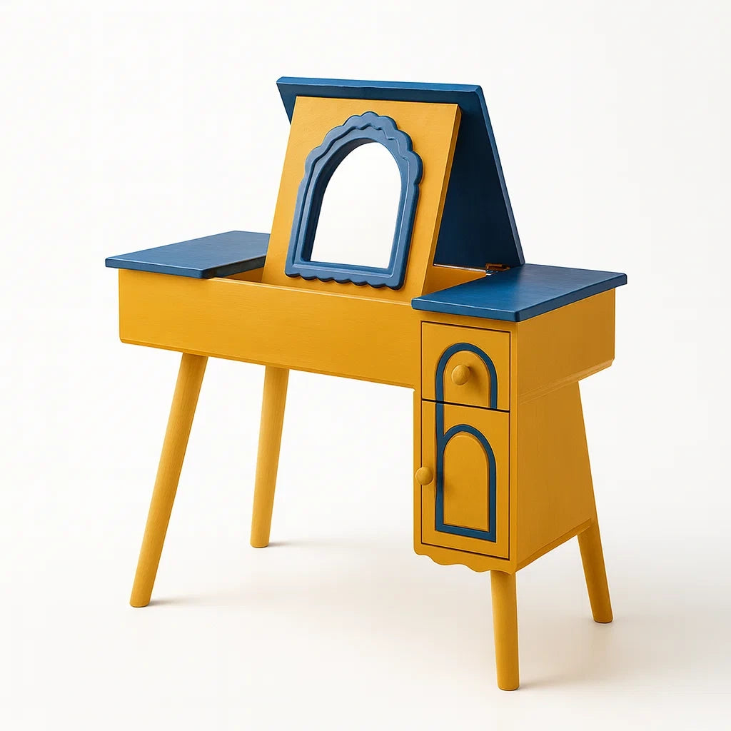 Kinderschminktisch Holz Blau/Gelb mit Spiegel