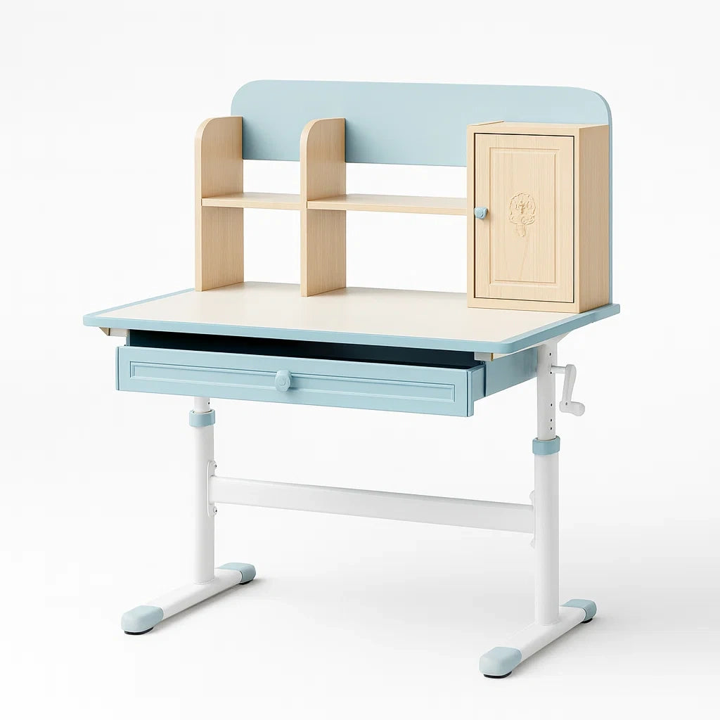 Kinderschreibtisch aus MDF mit Regal und Schublade in Blau und Holzoptik