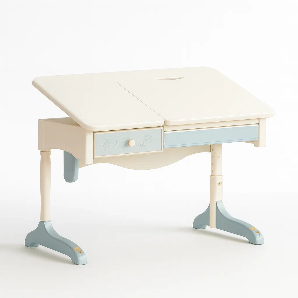 Kinder Schreibtisch höhenverstellbar Kiefernholz Blau/Weiß 90x60x75 cm