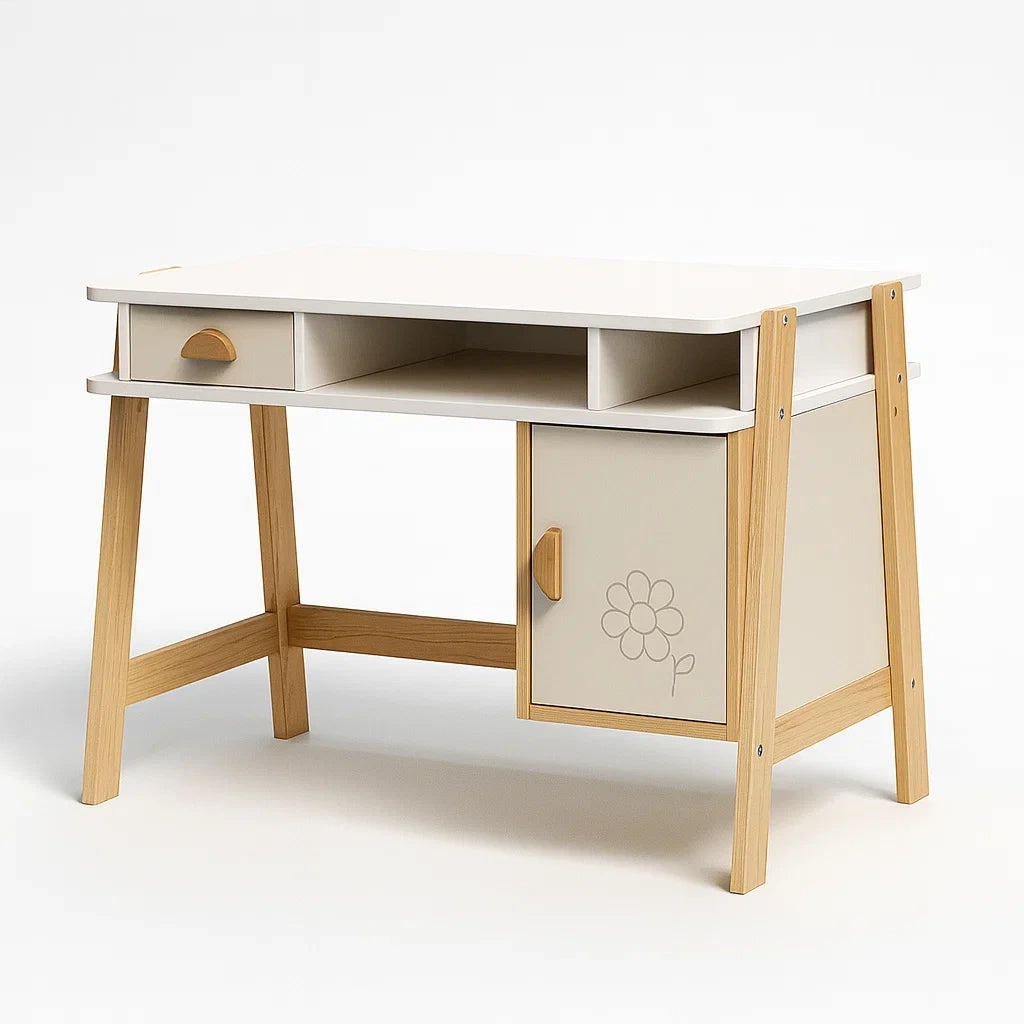 Kinderschreibtisch MDF Kiefernholz Weiß Beige mit Schublade und Schrank