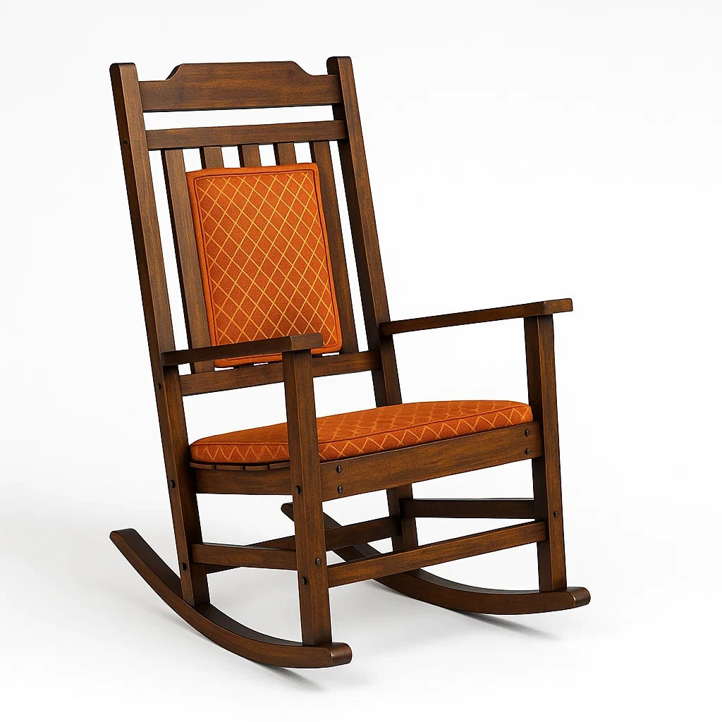Holz-Schaukelstuhl mit orangefarbenem Polster