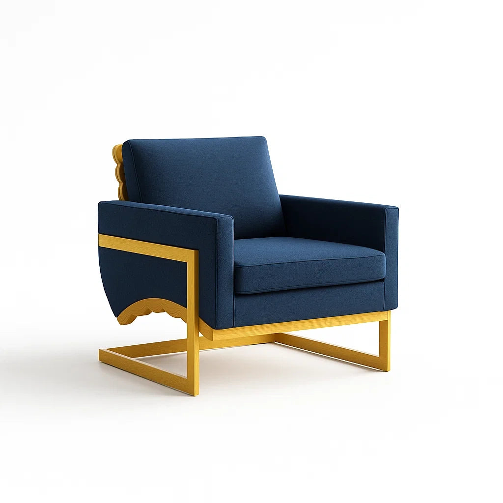 Stoffsessel mit Metallrahmen, Blau und Gold