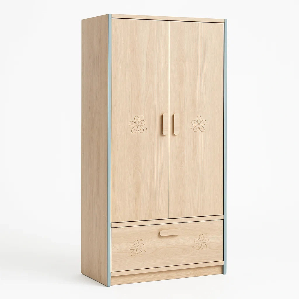 Kinderschrank mit zwei Türen und Schublade aus Holz mit Blumenmuster