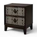 Holz Nachttisch mit geometrischem Muster, Schwarz/Beige, 2 Schubladen