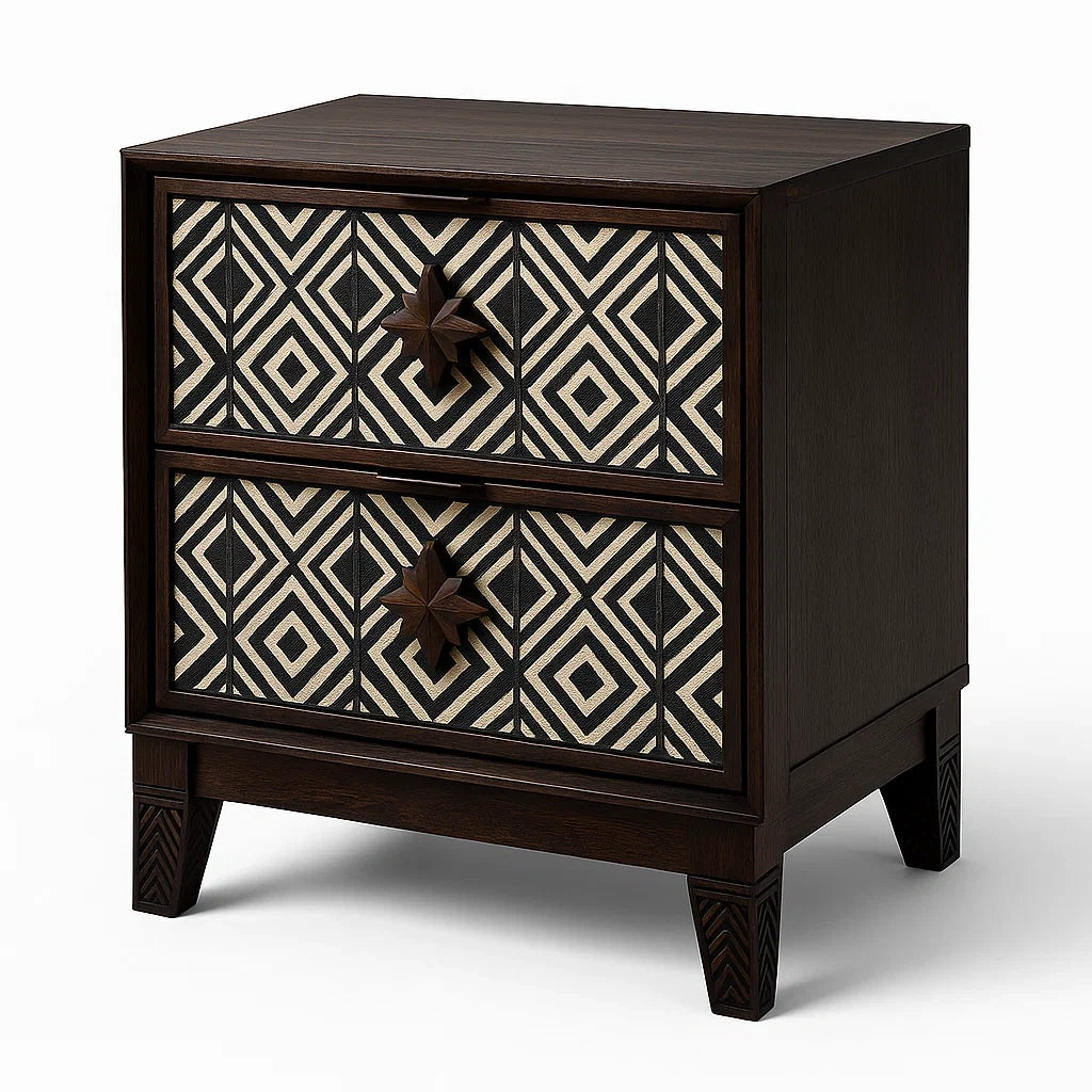 Holz Nachttisch mit geometrischem Muster, Schwarz/Beige, 2 Schubladen