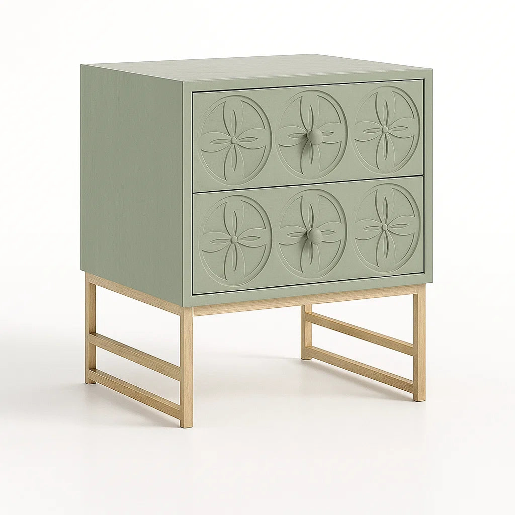 Nachttisch aus MDF mit grünem Finish und Holzbeinen