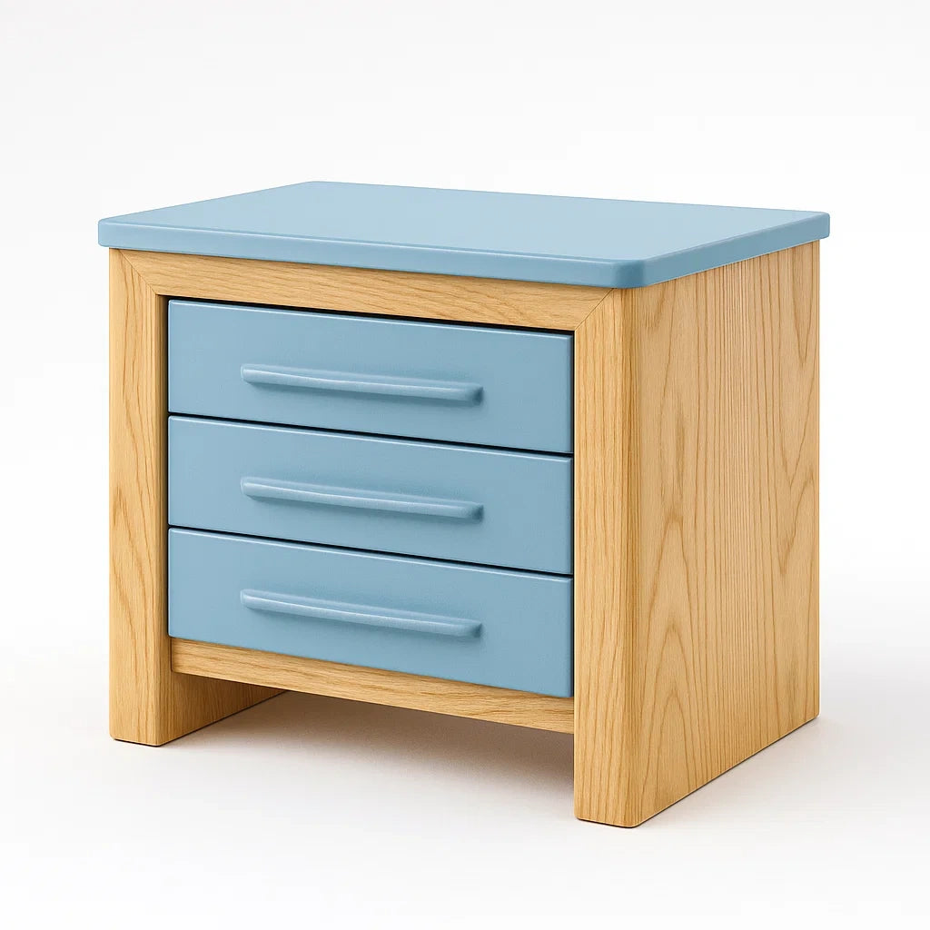 Kommode aus Eichenholz mit blauen MDF-Schubladen