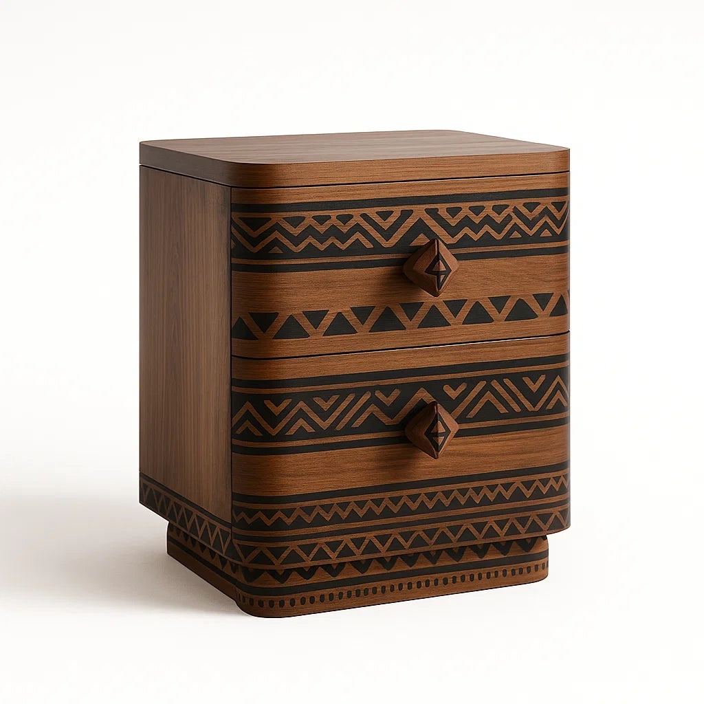 Holzschrank mit Ethno-Muster und 2 Schubladen